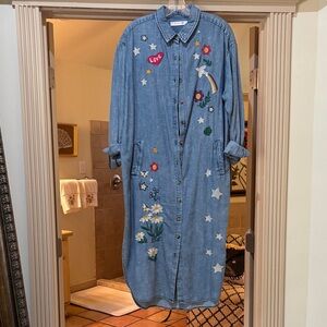 Embroidered Denim Button-Front Maxi Dress - Light Blue